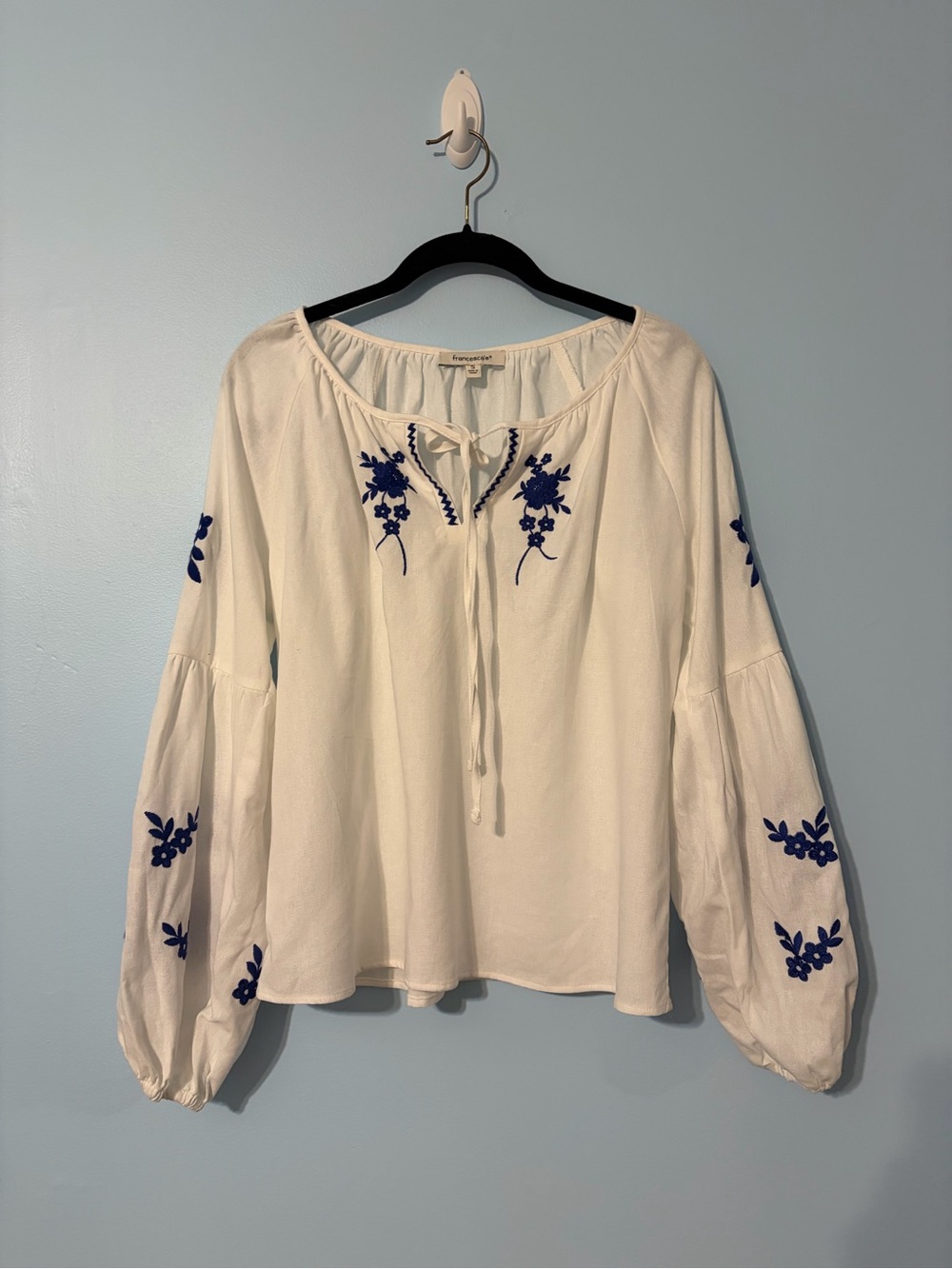 Francesca’s Embroidered Peasant Blouse with Tie Detail - White with Blue Accents